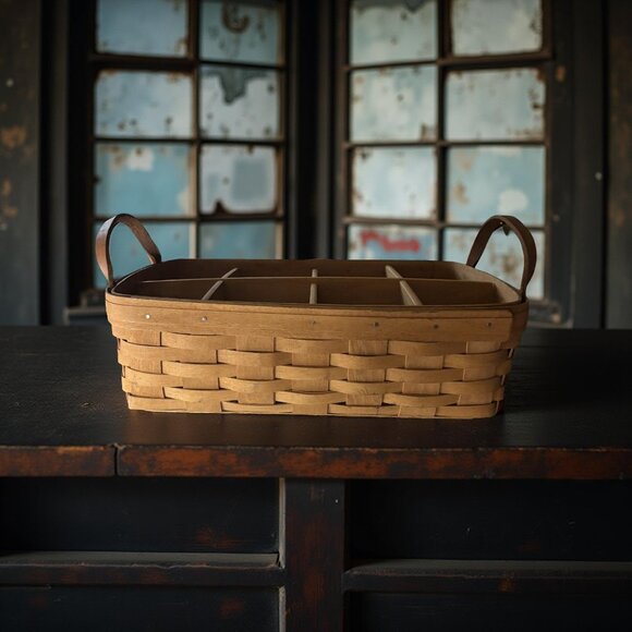 Longaberger Divided Organizer Basket w/ WoodCrafts 6-Section Insert, Leather Han - Picture 9 of 10